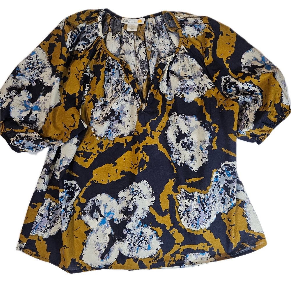 C&C California‎ Blouse Womens Large Floral Print Puff Sleeve Button Front Top
